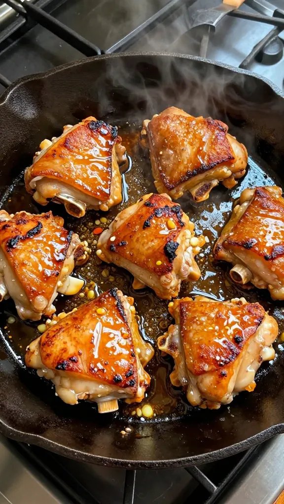 A close-up, overhead shot of a cast-iron skillet on a stovetop with six bone-in, skin-on chicken thighs searing until the skin is deep golden and crisp, edges slightly charred. A glossy honey-garlic-soy glaze clings to the thighs, pooling into sticky bubbles around them. Visible garlic bits and a few red pepper flakes dot the sauce. Steam rises softly, and a basting spoon rests on the skillet edge. Warm kitchen lighting, high contrast, no text.