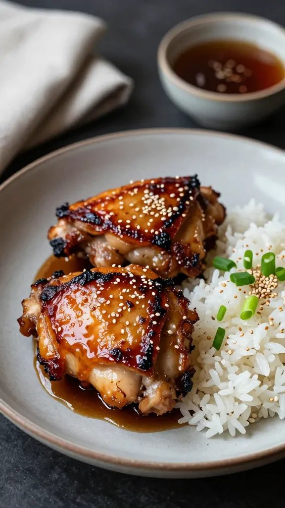 A moody, three-quarter angle plate-up: two lacquered honey-garlic chicken thighs on a shallow ceramic plate, glaze dripped artfully over and around the meat. The skin is blistered and shiny, with caramelized edges. A side of fluffy white rice partially soaks up the sauce, and a few bright green scallions and toasted sesame seeds are scattered on top. Background shows a folded linen napkin and a small bowl of extra glaze, soft directional light.