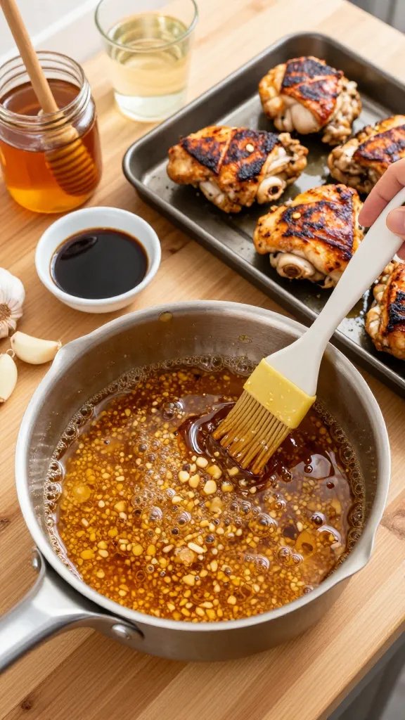 A process scene on a wooden countertop: a small saucepan in mid-simmer with a thickening honey-garlic glaze (visible minced garlic, soy-dark sheen), tiny bubbles forming. In the background, a tray of partially seared chicken thighs rests, skin browned. A silicone brush glistening with glaze hovers over one thigh, ready to baste. Ingredients arranged naturally: a jar of honey with a dipper, a small dish of soy sauce, a splash of vinegar in a glass, and a few cloves of peeled garlic. Natural daylight, clean, appetizing composition.