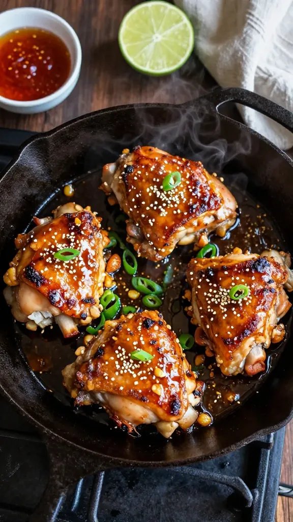 Overhead shot of a cast-iron skillet on a stovetop with four bone-in, skin-on chicken thighs, skin deeply crisped and golden with lacquered, sticky honey-sriracha glaze pooling slightly around the edges; visible minced garlic bits caramelized in the sauce, a glossy sheen catching warm side light; scattered thinly sliced scallions and toasted sesame seeds on top; a halved lime and a small dish of sriracha and honey in the background; steam subtly rising; no text, rustic kitchen setting with dark wood and a light gray linen nearby.