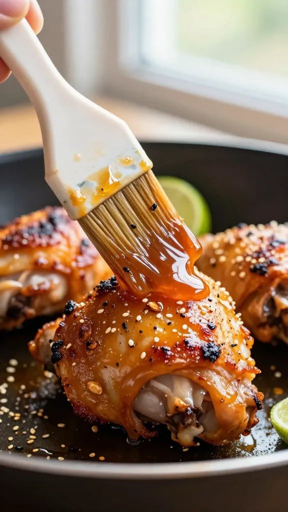 Close-up, 45-degree angle of a single chicken thigh being brushed with thick, glossy honey-sriracha sauce using a silicone basting brush; the skin is blistered and crispy with rendered fat bubbles, small flecks of black pepper, and browned garlic; sticky sauce trails and drips caught mid-motion; shallow depth of field with a blurred skillet of additional thighs behind; a squeeze of lime wedge poised at the edge, sesame seeds sprinkled; warm, natural window light.
