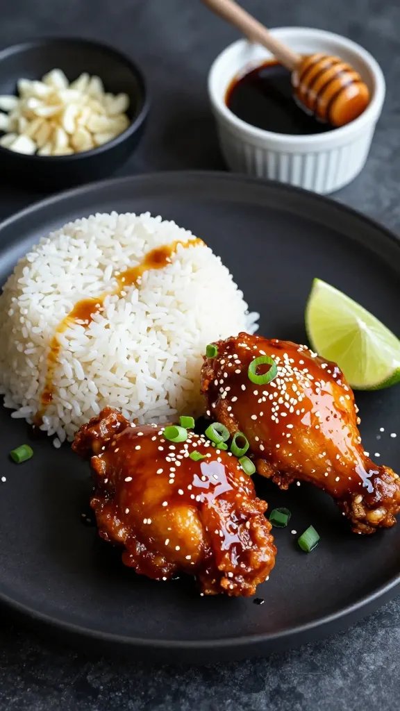 Plated serving: two crispy, sticky honey-sriracha chicken thighs on a matte black plate, glaze clinging and pooling, garnished with sliced scallions, sesame seeds, and a lime wedge; side of white jasmine rice molded neatly with a few sauce drips artfully streaked; background shows a small bowl of chopped garlic, a ramekin of soy sauce, and a honey dipper with a glistening thread of honey; moody overhead lighting with soft highlights emphasizing the glossy sauce; no text.