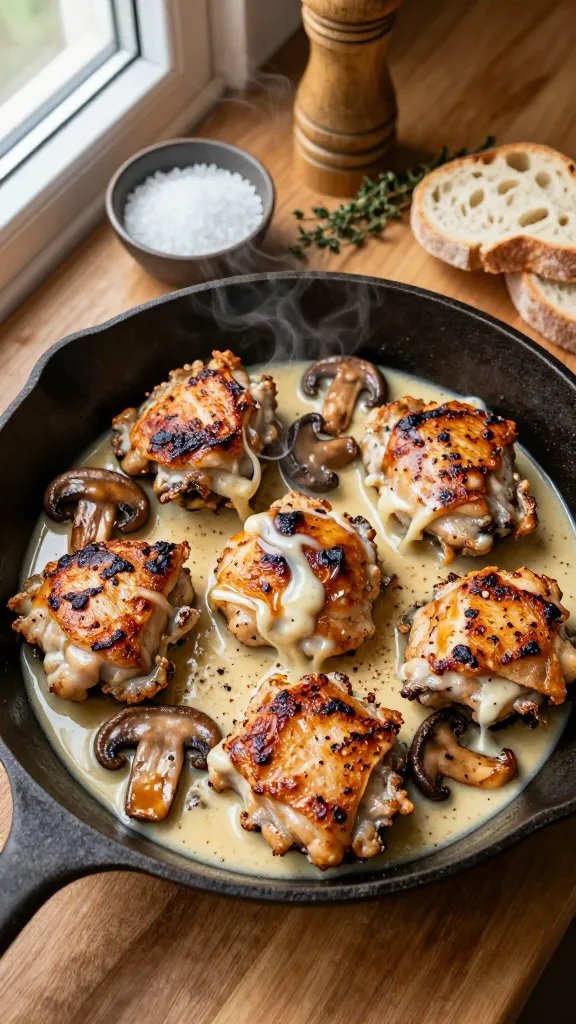Overhead view of a rustic cast-iron skillet on a wooden countertop, with six golden, crispy, skin-on chicken thighs nestled among caramelized cremini and shiitake mushrooms. A silky, glossy cream sauce pools around the chicken, with visible flecks of black pepper and smoked paprika. A spoon trails a ribbon through the sauce to show thickness. In the background: a small bowl of kosher salt, a pepper grinder, a sprig of thyme, and a slice of crusty bread torn open, steam faintly rising. Warm, natural window light from the left, shallow depth of field.