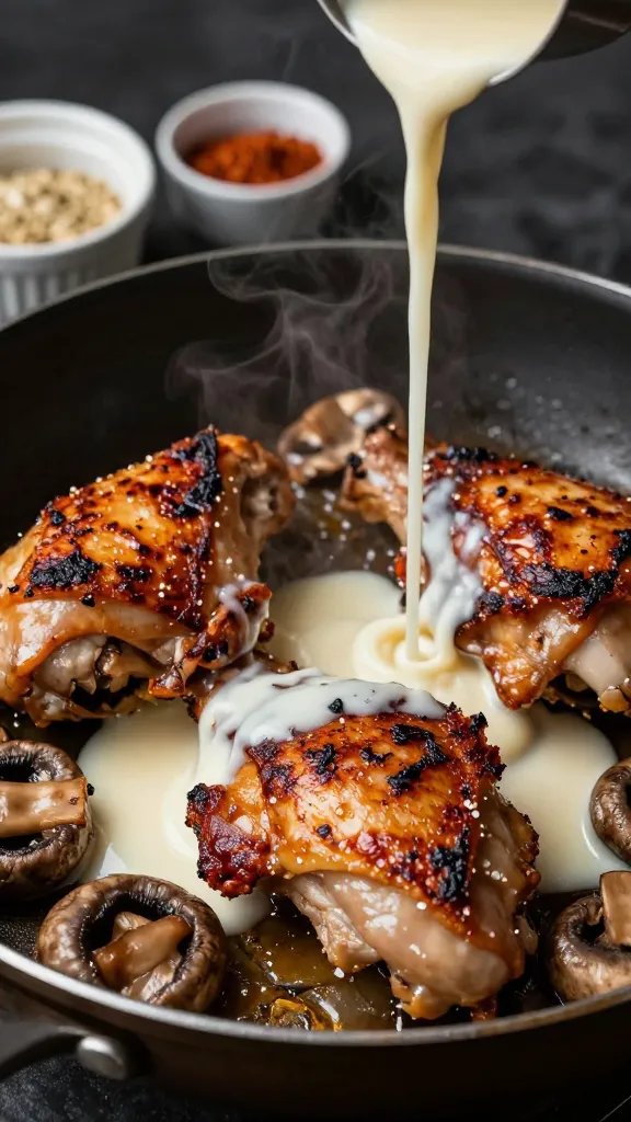 Close-up, three-quarter angle of chicken thighs being seared: crackling skin deeply browned, edges crisp. Mushrooms in the pan are jammy and golden, with fond visible on the skillet surface. A stream of heavy cream is being poured into the pan, catching light and beginning to mingle with chicken juices. Garlic powder and smoked paprika sit in tiny ramekins nearby, slightly out of focus. Steam wafts subtly; lighting is moody with soft highlights on the sauce.