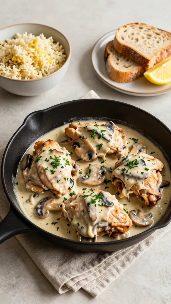 Cozy dinner setting: the finished one-pan creamy mushroom chicken thighs centered in a black enamel skillet set on a linen napkin. Sauce is velvety, clinging to the mushrooms and pooling under the chicken; chopped parsley sprinkled lightly on top. Sides arranged casually: a bowl of buttered rice, a small plate with thick slices of rustic bread, and a lemon wedge. Minimal props, clean composition, warm evening light with gentle shadows, emphasizing comfort and weeknight ease.