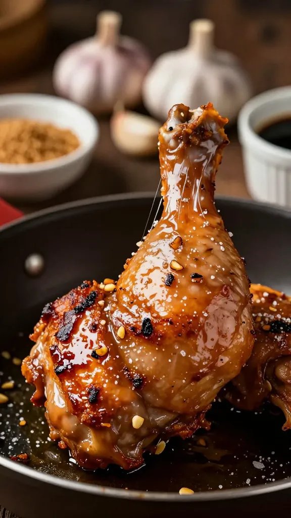 Close-up, three-quarter angle of a single chicken thigh being lifted from a skillet with tongs, glaze stretching in shiny strands. The chicken is deeply browned with crisp edges, speckled with browned garlic bits, and lightly sprinkled with flaky sea salt. In the blurred background: a small bowl of brown sugar, a head of garlic with a few peeled cloves, and a ramekin of soy sauce. Warm, moody lighting emphasizes the sticky sheen and texture.