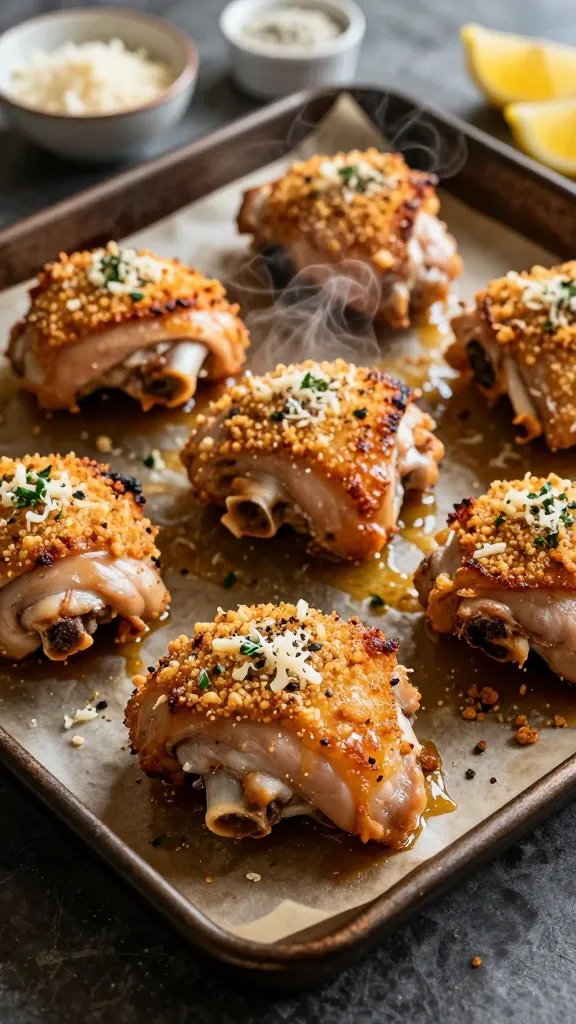 Overhead shot of a rustic sheet pan fresh from the oven holding six bone-in, skin-on chicken thighs with a deeply golden, crunchy Parmesan crust. The skin is blistered and crisp with visible grated cheese, herbed flecks (parsley and cracked black pepper), and tiny browned crumbs. A few curls of steam rise subtly. The pan is set on a dark, textured baking tray lined with parchment lightly stained by rendered chicken juices. In the background, a small bowl of freshly grated Parmesan, a ramekin of garlic powder, and lemon wedges. Warm, directional light from the side emphasizes the crunchy texture; shallow depth of field keeps focus on the front thigh’s crust.
