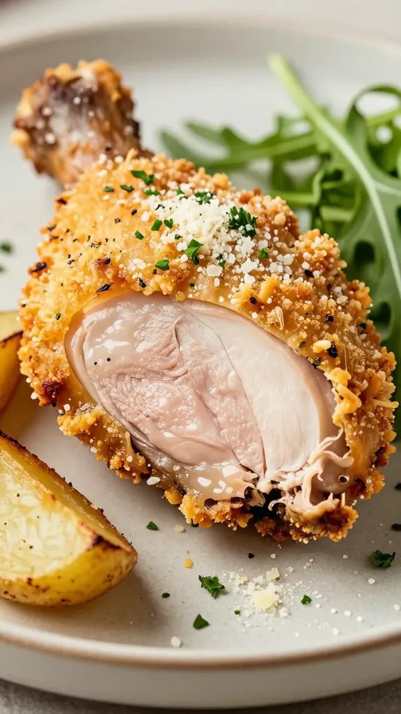 Close-up macro of a sliced Parmesan-crusted chicken thigh showing ultra-crispy, cheese-studded coating and juicy, glistening interior meat. The cut edge reveals moisture and tenderness; coarse sea salt and micro flecks of Italian herbs dot the crust. A dusting of extra Parmesan and finely chopped parsley is sprinkled over the slice. The scene is on a neutral ceramic plate with a few roasted potato wedges and a small side of arugula for color contrast. Soft, natural light, high detail, no text, food magazine style.