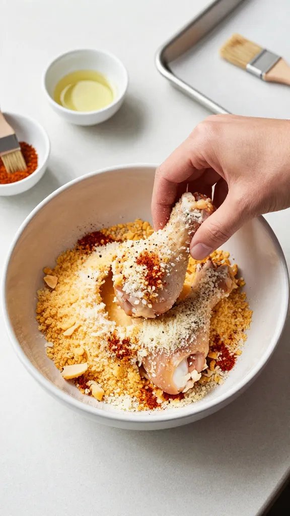 Process scene: a hand dips a seasoned chicken thigh (skin-on) into a shallow bowl of freshly grated Parmesan mixed with panko, paprika, garlic powder, and black pepper. The coating clings in uneven, appetizing shards. Nearby are small prep bowls with spices, a brush with a bit of oil, and a clean sheet pan ready with parchment. Bright, clean kitchen countertop, top-down angle, balanced neutral tones to highlight the golden cheese mix. Focus on texture of the cheese and crumbs, minimal props, natural daylight.