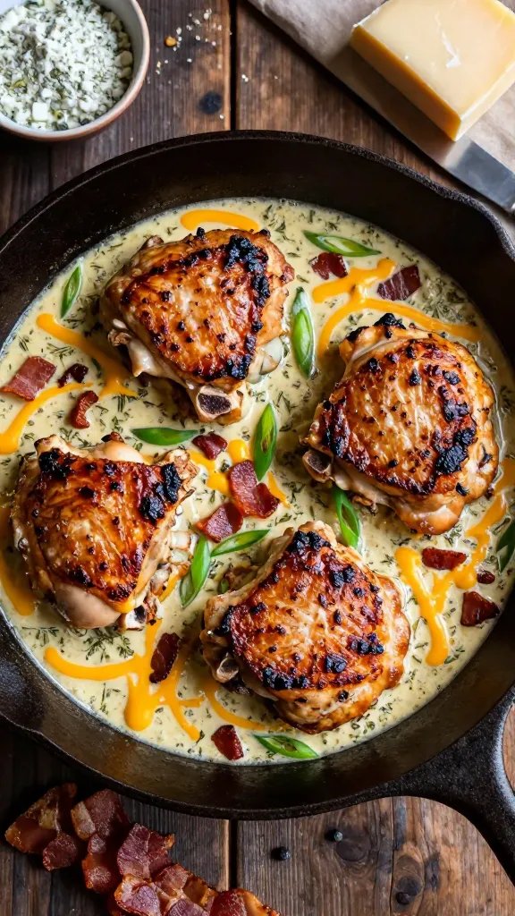 Overhead shot of a cast-iron skillet fresh from the oven with four bone-in, skin-on chicken thighs, skin deeply golden and blistered. The thighs are nestled in a velvety, bubbling creamy sauce speckled with ranch herbs, melted cheddar rivulets, and crispy bacon crumbles. A spoon trails through the sauce showing its thickness. Garnish with sliced green onions. Side props: a small bowl of ranch seasoning, a block of cream cheese with a knife, and a crumbled strip of bacon on a rustic dark wood table. Warm, cozy evening light, shallow depth of field.