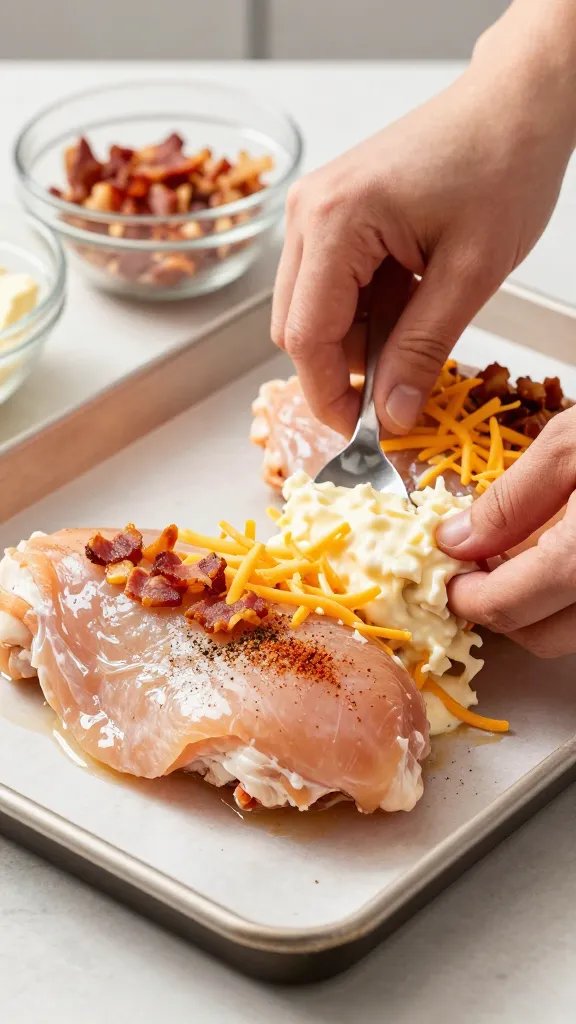 Process close-up on a parchment-lined sheet pan: raw chicken thighs being slathered under the skin with a “million dollar” mixture—softened cream cheese, shredded cheddar, crumbled bacon, and ranch seasoning. Hands gently lift the chicken skin with a spoon tucking the filling underneath. Visible ingredients bowls nearby, a sprinkle of black pepper and paprika on top of the skin, and a light glisten of oil. Bright kitchen counter daylight, clean neutral background.