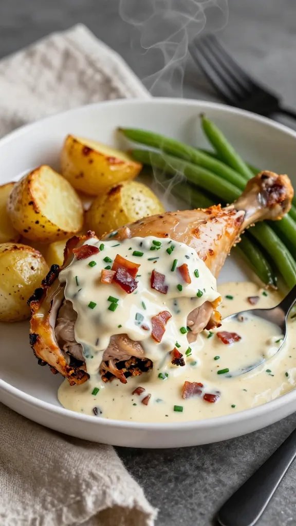 Moody, cozy plated serving: a white shallow bowl with one roasted chicken thigh partially cut to reveal juicy meat, smothered in creamy ranch-cheddar sauce with bacon bits and chives. Sauce pools around the chicken, clinging to a spoon resting on the rim. Simple sides: buttered roasted potatoes and green beans blurred in the background. Steam rising subtly, linen napkin and matte black fork, warm tungsten lighting highlighting the glossy sauce. No text, no hands.