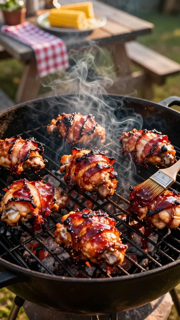 Overhead shot of a rustic backyard grill scene at golden hour: a cast-iron grill grate loaded with bacon-wrapped chicken thighs, the bacon rendered and crisp with slight charred edges, glossy with a sticky, caramelized deep-red BBQ glaze. Wisps of smoke curl up, catching warm sunlight. A basting brush with sauce clings to one thigh, and a small bowl of thick BBQ sauce sits nearby. In the background, blurred picnic table with simple sides (corn on the cob, slaw) and a checkered towel. Emphasize texture: glistening sauce, crispy bacon, juicy chicken.
