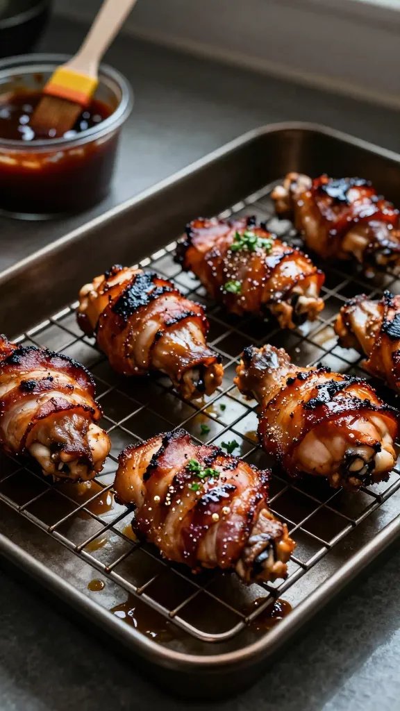 Close-up, moody kitchen counter scene: finished BBQ bacon-wrapped chicken thighs resting on a dark sheet pan lined with a wire rack. The sauce is lacquered and tacky with visible caramelization and tiny blistered spots; bacon edges are crackly. Coarse black pepper and a sprinkle of chopped parsley add contrast. A small pool of rendered fat glistens beneath the rack. In the corner, a ramekin of sauce with a silicone brush dripping a thick ribbon. Soft side lighting to highlight shine and crispness, shallow depth of field.