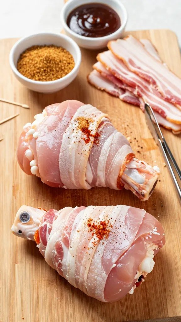 Process shot on a wooden butcher block: raw boneless, skinless chicken thighs being wrapped with thin-cut bacon strips. One thigh mid-wrap, one fully wrapped, and one unwrapped showing a simple rub of paprika, brown sugar, garlic powder, salt, and pepper. A small bowl of dry rub, a separate bowl of dark BBQ sauce, and a neatly stacked pile of bacon strips to the side. A pair of kitchen tongs and toothpicks nearby. Natural daylight from the left, clean, appetizing, and instructive composition.