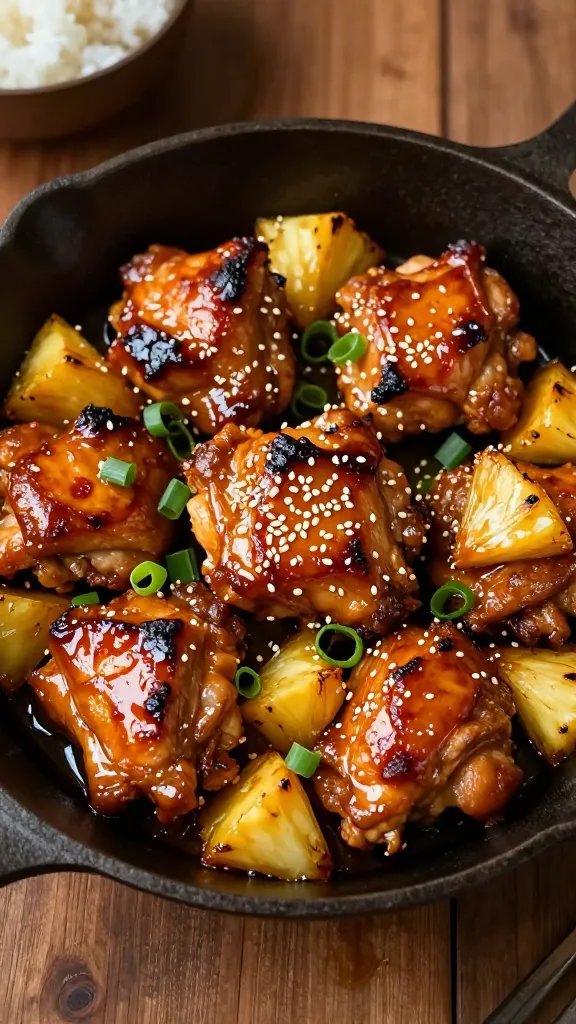 Overhead shot of a rustic cast-iron skillet on a wood table, filled with glossy teriyaki pineapple chicken thighs: deeply caramelized edges, juicy glazed surfaces, and chunky golden pineapple pieces with light char marks. Scatter of thinly sliced green onions and toasted sesame seeds on top, a light brush of sauce pooling in the pan. Warm evening light, shallow depth of field, no text, no hands, natural styling with a small bowl of steamed white rice blurred in the background.