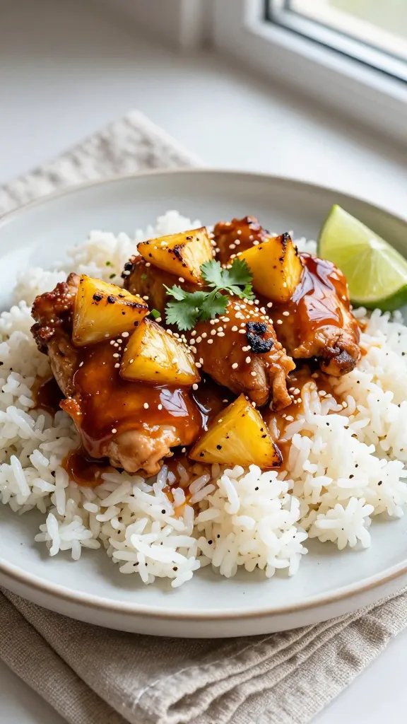 Close-up, three-quarter angle of a plate of teriyaki pineapple chicken thighs served over a fluffy bed of jasmine rice. The sauce is thick and sticky, clinging to the chicken with visible glaze highlights; pineapple chunks caramelized to amber with a few grill marks. Garnish with finely chopped cilantro, sesame seeds, and a lime wedge on the side. Neutral linen napkin, matte ceramic plate, soft window light, minimal props, no text.