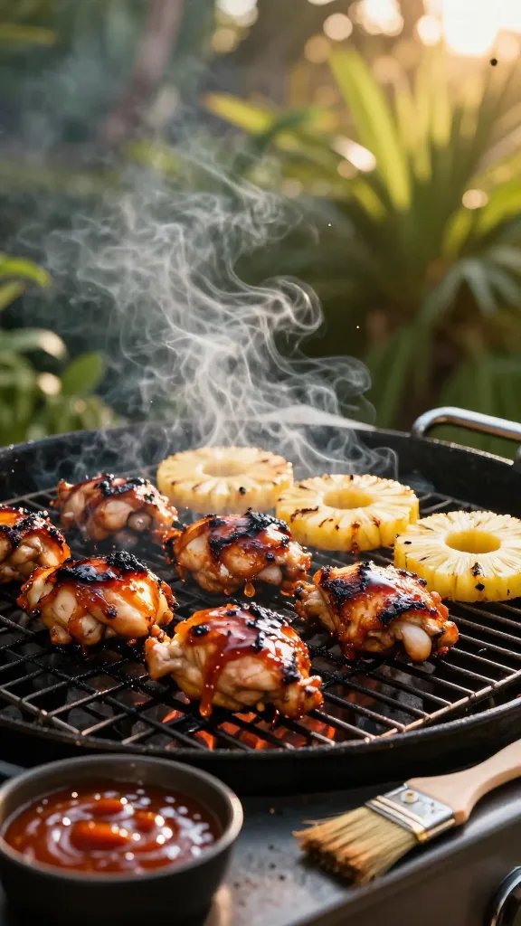 Outdoor grilling scene at golden hour: chicken thighs and pineapple rings sizzling on grill grates, edges charred and lacquered with teriyaki glaze, tiny wisps of steam and caramelized sauce drips catching the light. Bokeh of tropical greenery in the background. A small brush resting on a heatproof dish of thick, glossy sauce at the grill edge. High contrast, vibrant colors, no people, no text.