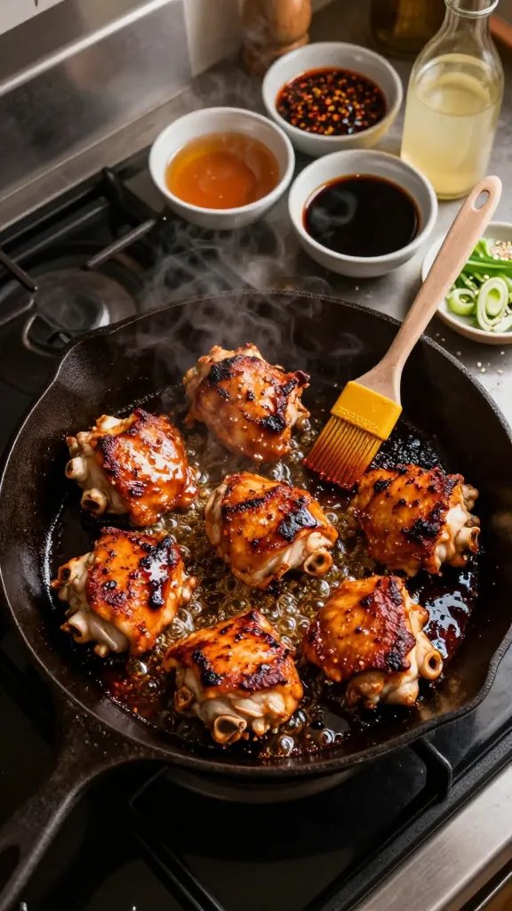 Overhead shot of a cast-iron skillet on a stovetop with 6 bone-in, skin-on chicken thighs searing to deep golden-brown with crispy edges. A glossy sweet-and-spicy glaze is bubbling around the thighs, visibly caramelizing. On the side of the skillet, a silicone brush rests with excess glaze dripping. Nearby: small bowls of honey, chili-garlic sauce, soy sauce, and rice vinegar, plus sliced green onions and sesame seeds ready to garnish. Warm, moody kitchen lighting with a slight steam haze.