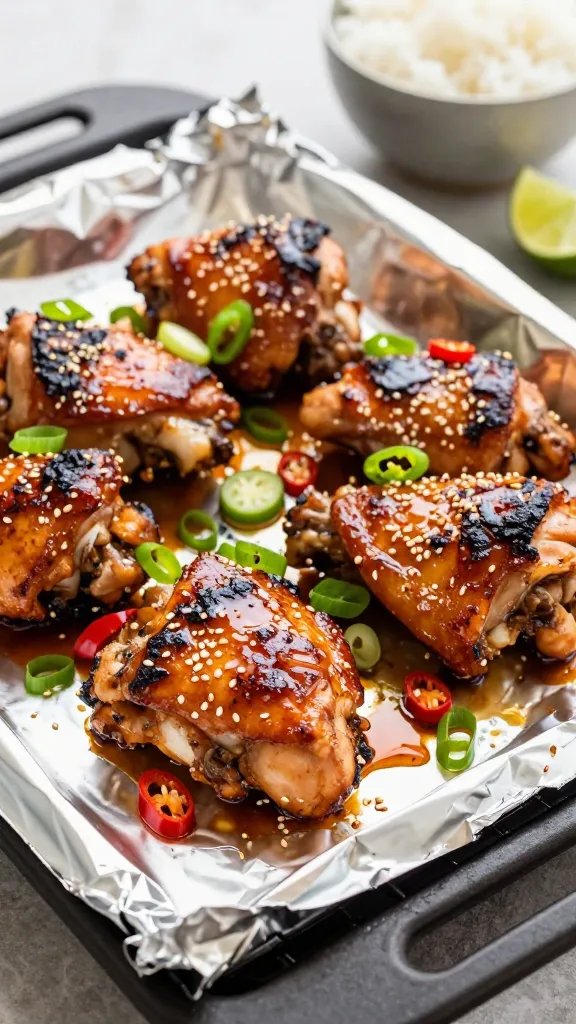 Close-up, 45-degree angle of glazed chicken thighs just out from under the broiler on a sheet pan lined with foil. The glaze is lacquered and sticky, with charred caramelized spots. Garnished with thinly sliced scallions and toasted sesame seeds, with a few red chili slices for heat. A spoon trails a streak of extra glaze on the foil, showing thickness. Background includes a small bowl of white rice and lime wedges, softly blurred.