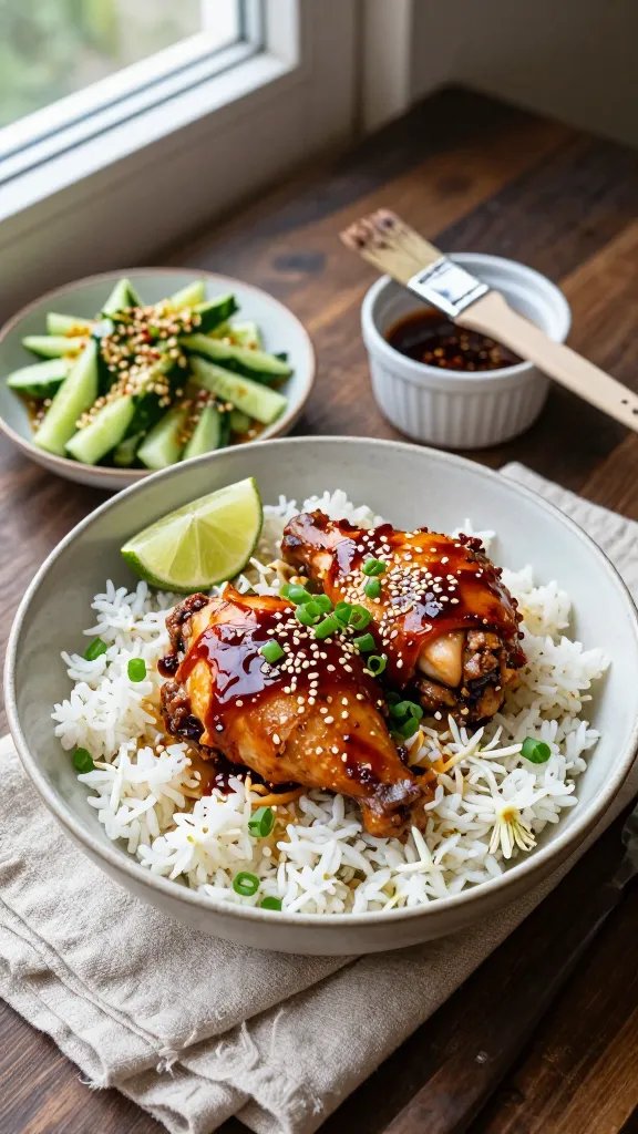 Plated dinner scene: a shallow ceramic bowl with jasmine rice topped with two sweet-and-spicy glazed chicken thighs, sauce spooned over to glisten. Garnishes: scallions, sesame seeds, and a wedge of lime. Side of quick cucumber salad with sesame oil and chili flakes in a small dish. A ramekin of the glaze sits nearby with a basting brush. Natural window light, rustic linen napkin, dark wood table, no text, inviting and cozy.