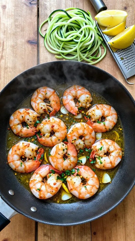 Overhead shot of a skillet on a rustic wooden countertop with lemon-garlic shrimp sizzling in a glossy butter-olive oil sauce. Plump pink shrimp with light char, thin slices of garlic visible, flecks of red pepper flakes, chopped parsley, and lemon zest scattered throughout. On the side, a nest of bright green zucchini noodles lightly sautéed, glistening but not watery, with a few lemon wedges and a microplane with fresh zest. Natural daylight from the left, shallow steam rising, no text.