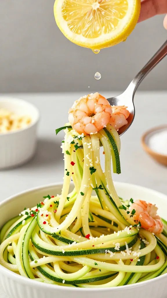 Close-up, three-quarter angle of tongs twirling zucchini noodles into a bowl while juicy shrimp are being spooned on top. The noodles look al dente and vibrant, with visible strands of grated Parmesan melting in streaks (optional), red pepper flakes, and parsley. A lemon half is freshly squeezed above, droplets caught mid-air. Background shows a minimal, clean kitchen surface with a small ramekin of minced garlic and a small dish of sea salt.