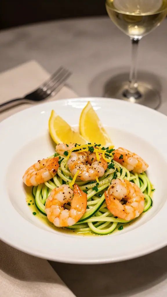 Elegant dinner-party plating: white shallow bowl with a neat mound of zucchini noodles topped evenly with 6–8 lemon-garlic shrimp, glossy sauce pooling lightly at the base. Garnishes include finely chopped parsley, a few thin ribbons of lemon zest, and a light sprinkle of cracked black pepper. Two lemon wedges rest at the rim. Soft, warm evening lighting with a linen napkin, a simple fork, and a glass of chilled white wine blurred in the background. No text.