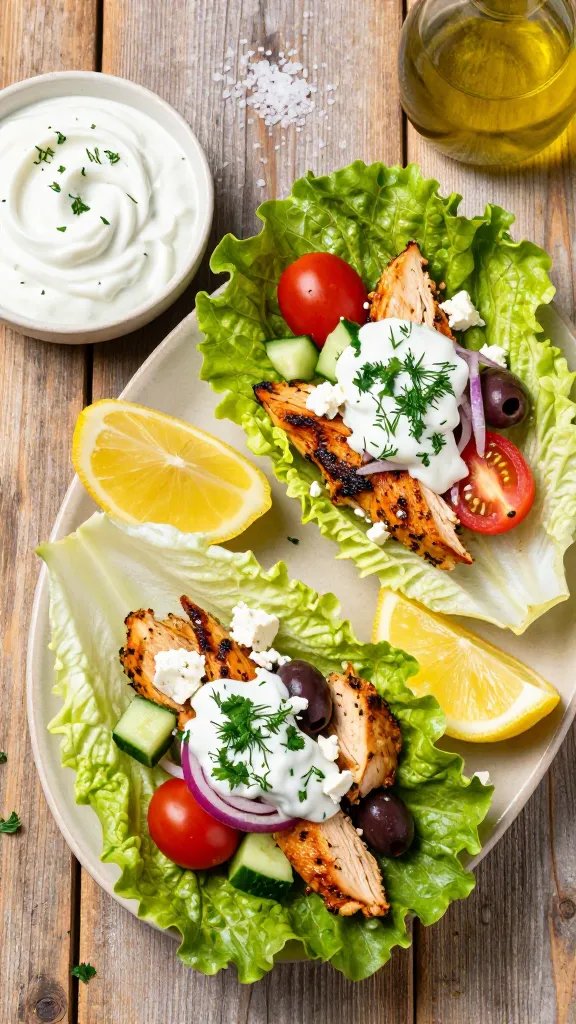 Overhead shot of a rustic wooden table set with a platter of Greek chicken lettuce wraps: crisp butter lettuce cups filled with juicy, golden-brown herbed chicken pieces, topped with diced cucumber, halved cherry tomatoes, thin red onion, Kalamata olives, and crumbled feta. A drizzle and dollops of thick tzatziki glisten on top, sprinkled with fresh chopped dill and parsley. Lemon wedges and a small bowl of tzatziki sit nearby, with a bottle of extra-virgin olive oil and a sprinkle of flaky sea salt. Bright, natural daylight, high contrast, vibrant Mediterranean color palette, no text.