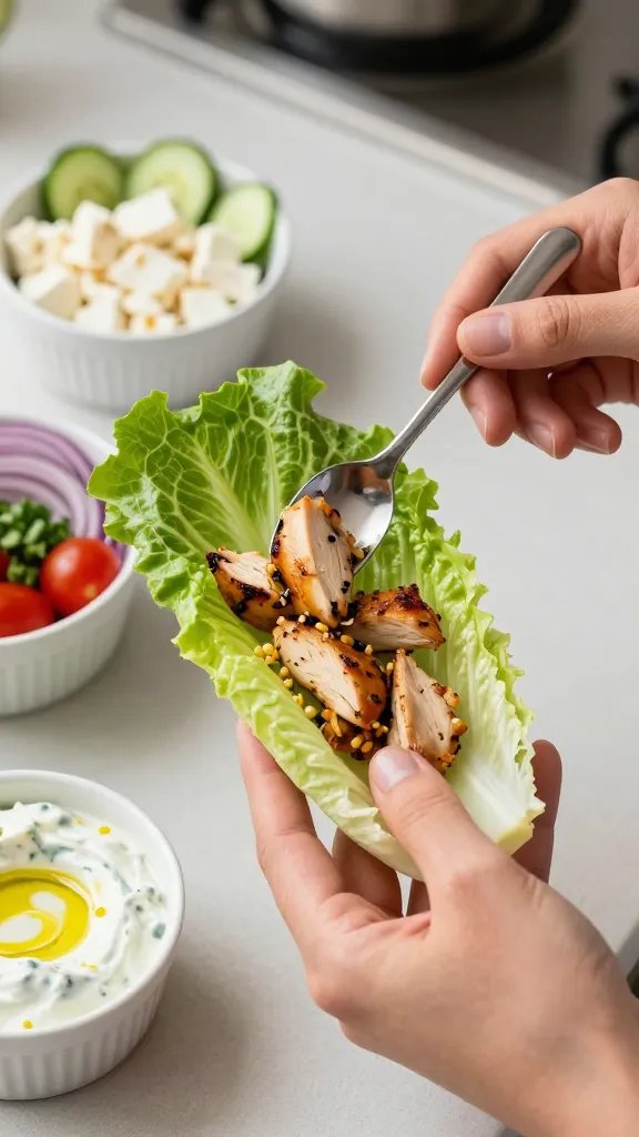 Close-up, three-quarter angle of hands assembling a Greek chicken lettuce wrap: one hand holding a crisp romaine heart leaf like a boat, the other spooning in garlicky, seared chicken thigh pieces. In the background, shallow focus reveals small bowls of toppings—crumbled feta, sliced red onions, cucumber ribbons, cherry tomatoes, chopped herbs—and a ramekin of creamy tzatziki with a swirl of olive oil and lemon zest. Clean, modern kitchen surface, soft natural light, emphasis on texture and freshness, no text.
