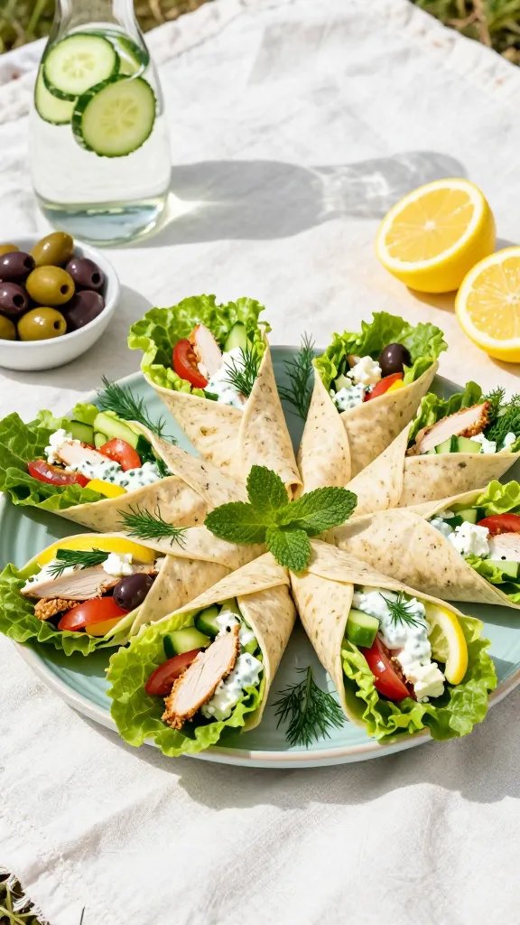 Alfresco picnic scene with a white linen cloth and a light blue ceramic platter piled with finished Greek chicken lettuce wraps: arranged in a fan, each wrap packed with lemony chicken, tzatziki, cucumbers, tomatoes, olives, and feta. Garnished with fresh dill fronds and mint leaves. Side dishes include a small bowl of marinated olives, lemon halves, and a carafe of water with cucumber slices. Sun-dappled lighting, airy summertime vibe, crisp focus on the wraps, no text.