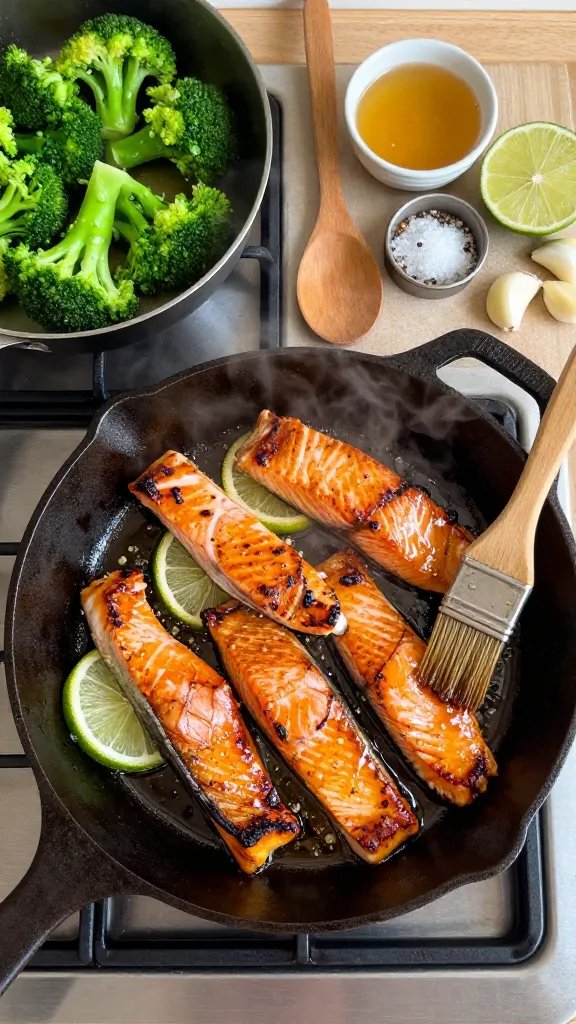 Overhead shot of a cast-iron skillet on a stovetop with four seared salmon fillets, skin-on, lacquered in a glossy honey-lime glaze; visible charred edges, thin lime slices nestled between fillets, microbeads of glaze pooling; a basting brush resting on the skillet edge; steam rising subtly. On the side, a small saucepan with bright green steamed broccoli florets, still crisp, with droplets of water clinging. Warm kitchen light, natural shadows, minimal props: wooden spoon, small bowl of honey, cut limes, smashed garlic cloves, pinch bowls of kosher salt and cracked black pepper.