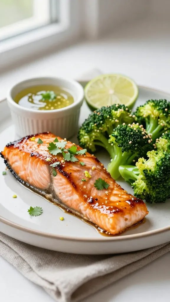 Close-up, three-quarter angle of a plated dinner: one honey-lime glazed salmon fillet with caramelized edges, glaze drizzled artfully, sprinkled with finely chopped cilantro and lime zest. Beside it, a generous pile of vibrant steamed broccoli with a light sheen, a few toasted sesame seeds scattered. A halved lime and a small ramekin of extra glaze in the background softly out of focus. Neutral ceramic plate on a linen napkin, clean modern styling, soft window light for appetizing highlights.