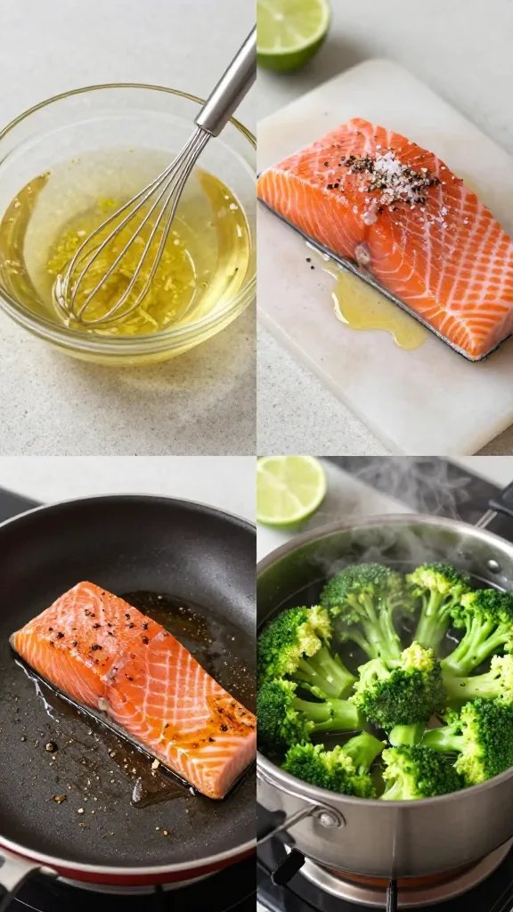 Step-by-step collage-style scene on a light stone countertop (no text):
- Top-left: small glass bowl with whisked honey-lime-garlic glaze, visible lime zest and tiny garlic bits, a whisk resting inside.
- Top-right: raw salmon fillets on a board, patted dry, sprinkled with kosher salt and cracked pepper; a drizzle of oil nearby.
- Bottom-left: salmon mid-sear in a skillet, edges turning opaque, spoon basting glaze over the fillets.
- Bottom-right: steamed broccoli in a metal steamer basket over a pot, bright green with rising steam, lime wedges nearby.
Consistent natural lighting, cohesive color palette, clean food styling.