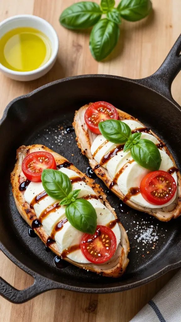 Overhead shot of a rustic cast-iron skillet on a wooden countertop, two golden seared chicken breasts slit and stuffed with layers of fresh mozzarella slices, ripe cherry tomato halves, and whole basil leaves peeking out; a glossy drizzle of balsamic reduction over the chicken, scattered sea salt flakes and cracked pepper, a small bowl of olive oil and a bunch of fresh basil nearby, warm natural window light, shallow depth of field, no text.