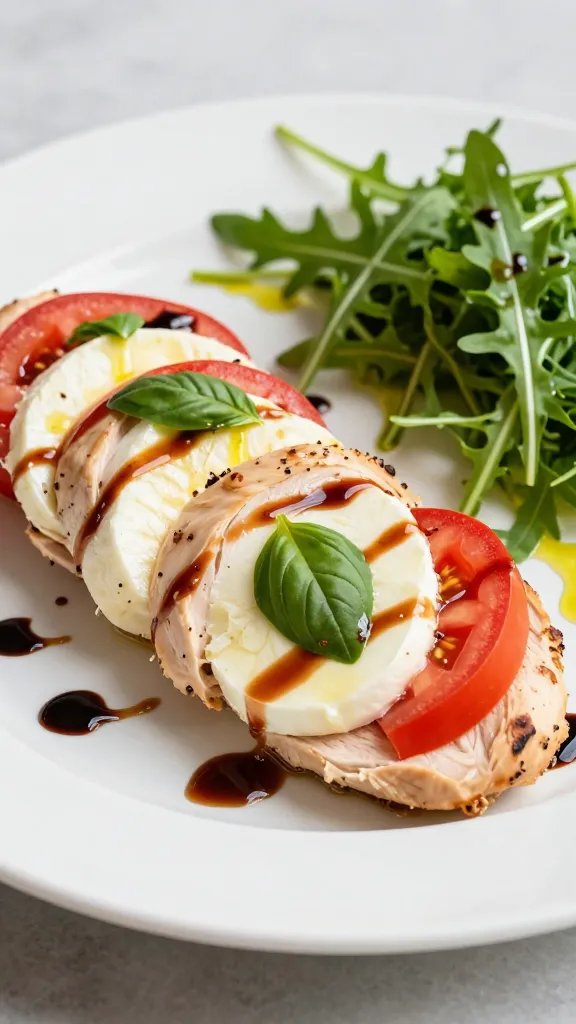 Close-up, sliced Caprese stuffed chicken breast on a white ceramic plate, juices glistening, melted mozzarella stretching slightly between slices, bright red tomato and vibrant green basil visible inside, balsamic glaze artistically pooled and drizzled, a side of simple arugula salad lightly dressed with olive oil, soft directional light, clean minimal background, restaurant plating style, no text.