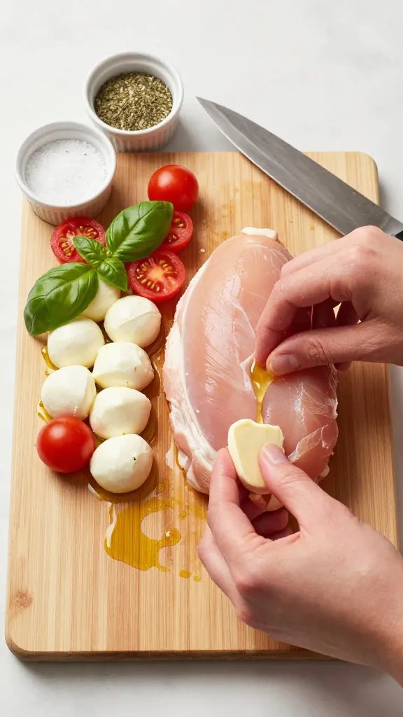 Step-by-step style overhead: cutting board with a thick raw chicken breast butterflied open, neatly arranged fillings beside it—mozzarella medallions, halved cherry tomatoes, fresh basil leaves—small ramekins of salt, pepper, and dried Italian herbs, a chef’s knife and a drizzle of olive oil on the board; composition shows hands starting to stuff the chicken, bright kitchen lighting, crisp, high-resolution food editorial look, no text.