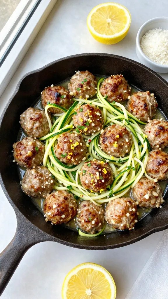Overhead shot of a rustic cast-iron skillet on a marble countertop, filled with golden-brown turkey meatballs glistening in melted garlic butter. Bright, spiralized zucchini noodles (zoodles) are tossed through the sauce, with visible flecks of minced garlic, red pepper flakes, and chopped parsley. Lemon zest is sprinkled on top, and a halved lemon and a small bowl of grated Parmesan sit nearby. Natural window light from the left, shallow depth of field, clean, modern food styling, no text.