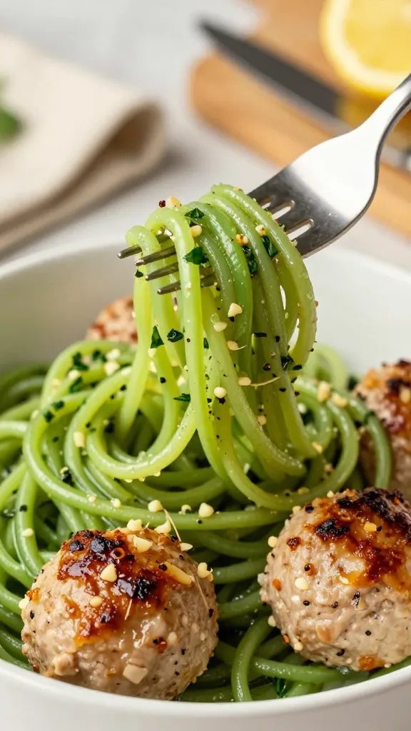 Close-up, 45-degree angle of a fork twirling vibrant green zoodles coated in glossy garlic butter, lifting from a shallow white bowl. Two juicy turkey meatballs rest beneath the fork, with caramelized edges and tiny browned cheese specks. Micro-droplets of butter glisten on the noodles; scattered parsley and cracked black pepper are visible. Background shows a blurred linen napkin and a wooden board with a knife and lemon wedges. Soft, warm lighting emphasizing texture.
