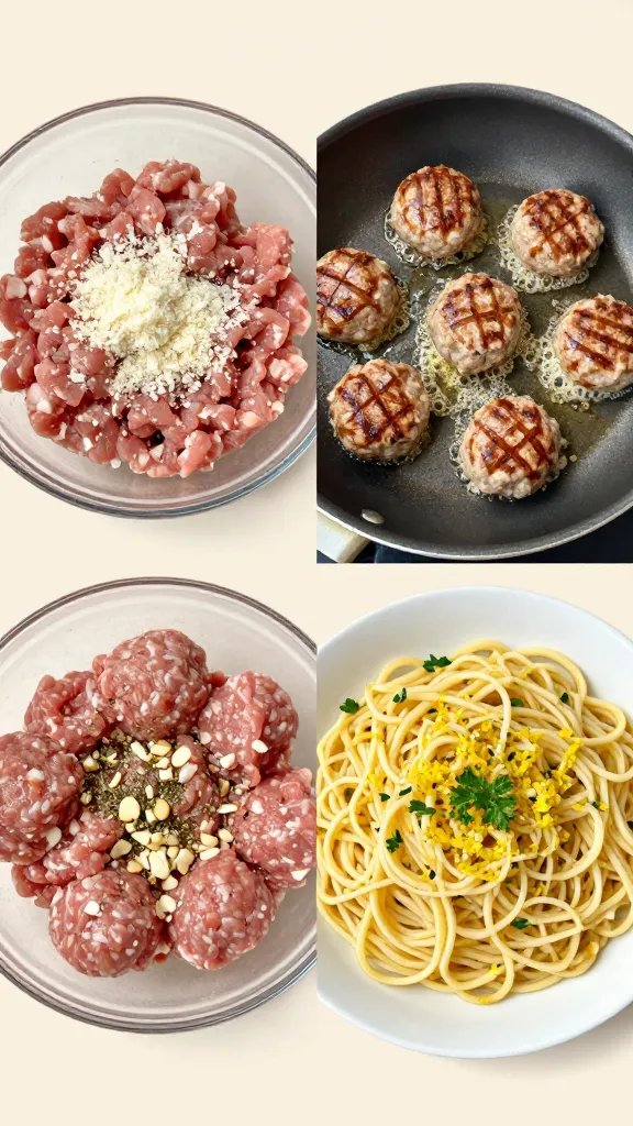 Step-by-step style collage in a single frame: left panel shows raw turkey meatball mixture in a glass bowl with grated Parmesan, almond flour, minced garlic, and herbs; middle panel shows seared meatballs in a sizzling skillet with bubbling butter and garlic; right panel shows finished dish with zoodles tossed in, garnished with lemon zest and parsley. Cohesive neutral backdrop, consistent top-down perspective, bright editorial lighting, minimal props, high contrast to highlight freshness and gloss.
