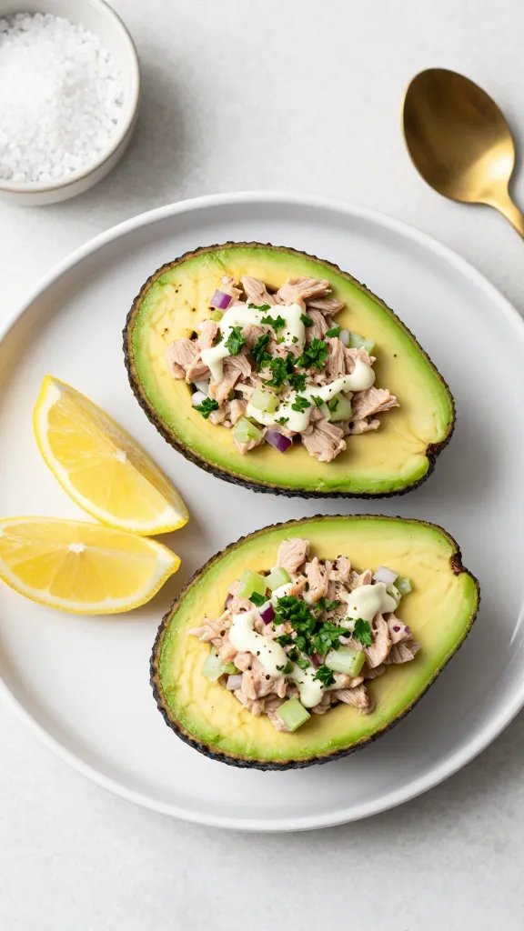 Overhead shot of two halved ripe avocados on a matte white plate, each filled with creamy tuna salad made with visible flakes of tuna, a light mayo sheen, finely diced celery and red onion, sprinkled with chopped fresh parsley and black pepper; lemon wedges on the side, a small bowl of sea salt, and a gold spoon nearby; clean, bright natural light from the left, soft shadows, minimal modern kitchen backdrop, no text.