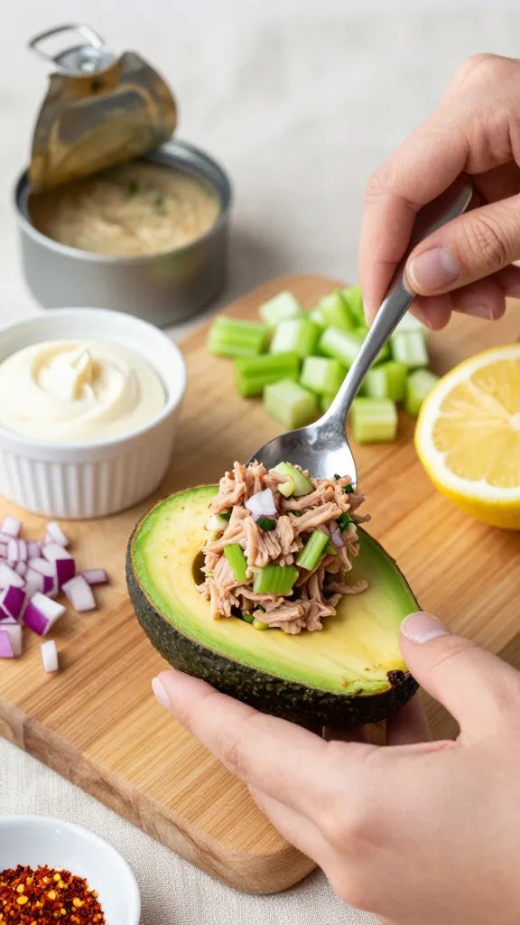 Close-up, 45-degree angle of hands spooning a chunky tuna salad mixture into an avocado half on a wooden cutting board; ingredients visible around: open tuna can (drained), small ramekin of mayo, diced celery and red onion piles, a halved lemon, pinch bowl of chili flakes; crisp, fresh vibe with neutral linens, shallow depth of field, daylight tones, no text.