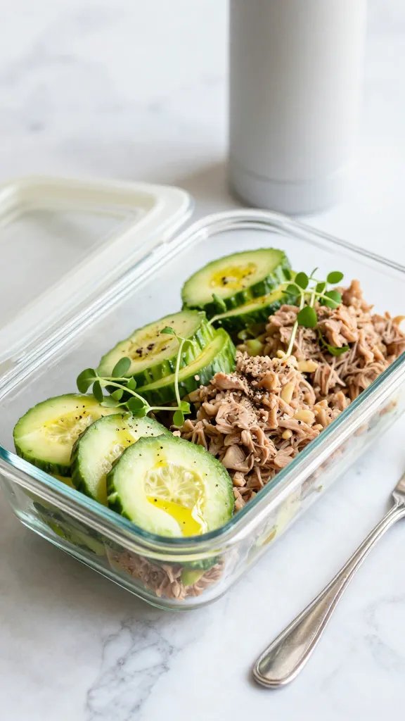 Meal-prep scene: three avocado tuna salad boats arranged in a to-go glass container with a tight-fitting lid off to the side; garnished with thin cucumber slices and microgreens, a light drizzle of olive oil and cracked pepper; marble countertop, reusable fork, reusable water bottle blurred in background; bright, airy morning light emphasizing freshness and a quick, healthy lunch aesthetic, no text.
