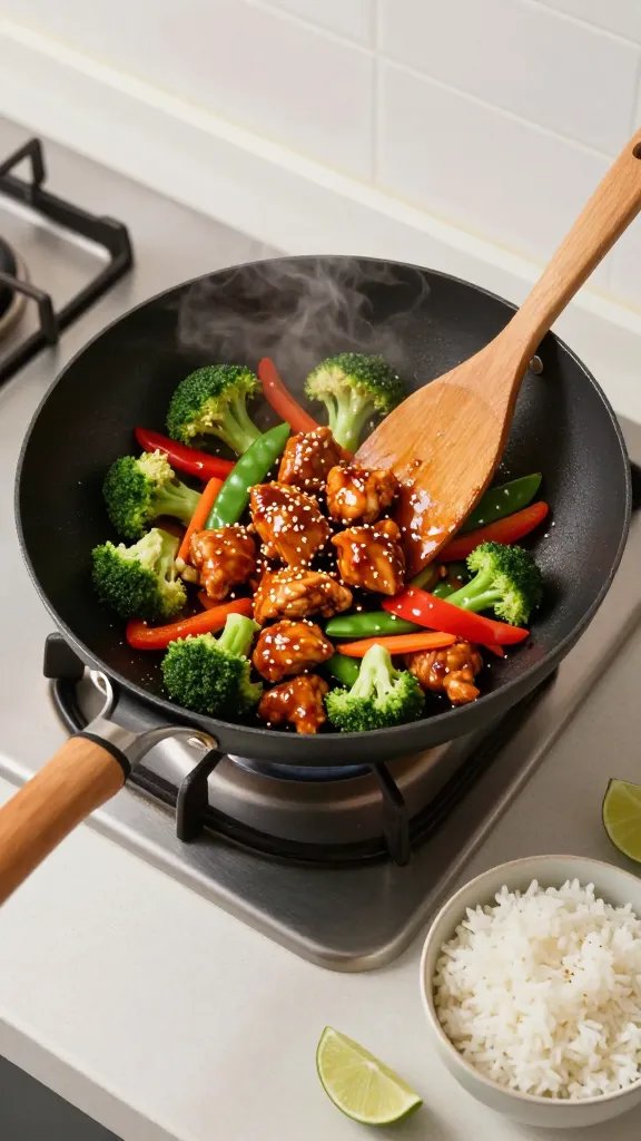 Overhead shot of a sizzling wok on a gas stove, tossing bite-sized teriyaki chicken pieces with a glossy, thick sauce that clings; vibrant crisp-tender vegetables include bright green broccoli florets, red bell pepper strips, snap peas, and thin carrot matchsticks; steam rising, sesame seeds sprinkled, a wooden spatula mid-toss; side bowls of steamed jasmine rice and lime wedges in soft, evening kitchen light; clean, modern countertop with minimal props.