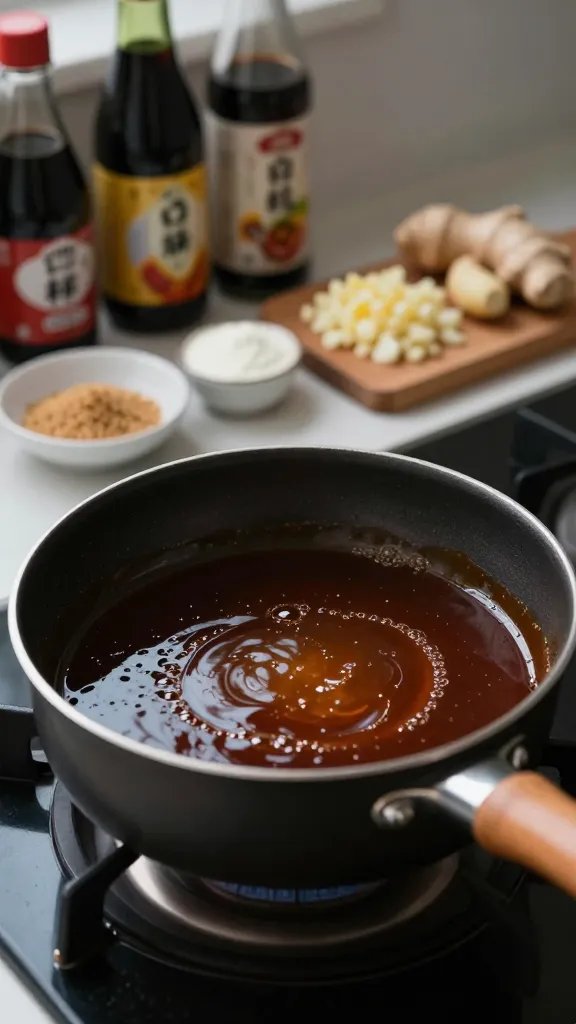 Close-up, shallow depth-of-field of a small saucepan on a stovetop, teriyaki sauce reducing to a lacquered sheen; visible ingredients on the counter: bottles of soy sauce and mirin, a small dish of brown sugar, minced garlic and ginger on a wooden board, a tiny ramekin of cornstarch slurry; gentle bubbles and light reflections on the sauce surface; neutral background, moody, high-contrast food photography style.