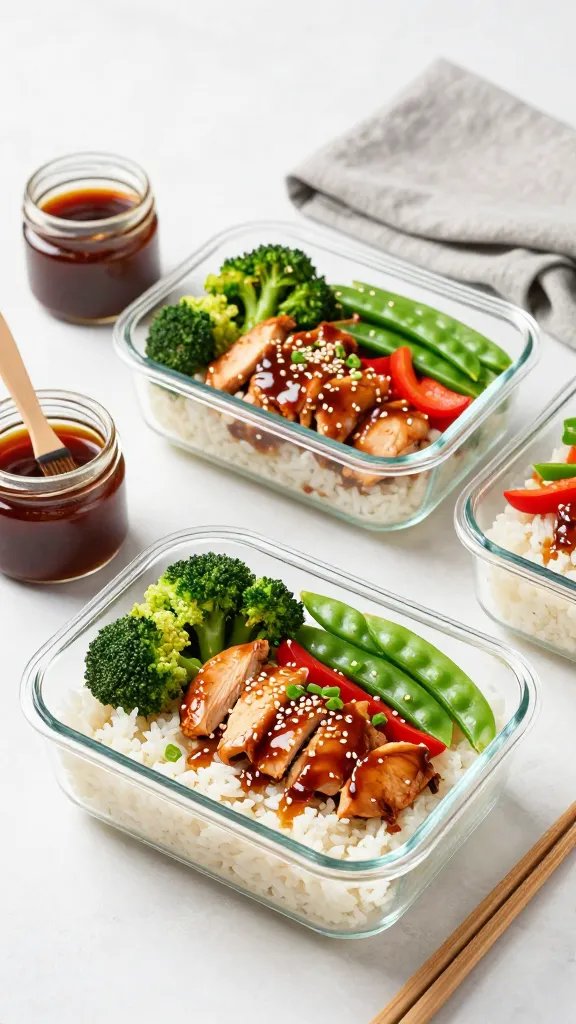 Meal-prep scene with three rectangular glass containers neatly filled: base of fluffy white rice, topped with glossy teriyaki chicken slices, broccoli, red bell pepper, and snap peas arranged in colorful sections; garnished with sesame seeds and thinly sliced scallions; a pair of chopsticks resting nearby, a small jar of homemade teriyaki sauce with a brush, and a folded gray linen; bright natural light from the side, clean minimal aesthetic.