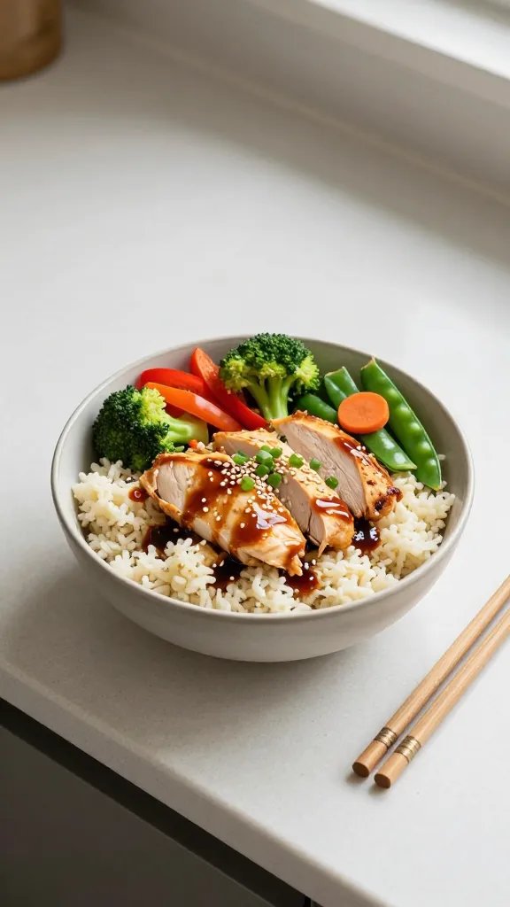 Overhead shot of a modern, minimal kitchen counter with a finished chicken and veggie cauliflower rice bowl: fluffy cauliflower rice base topped with sliced golden-brown chicken breast, vibrant red bell pepper strips, bright green broccoli florets, thin carrot coins, and snap peas. Garnished with sesame seeds, chopped scallions, and a drizzle of glossy soy-ginger sauce. Serve in a matte ceramic bowl with chopsticks on the side, soft natural daylight, clean neutral background, high-resolution food photography, no text.