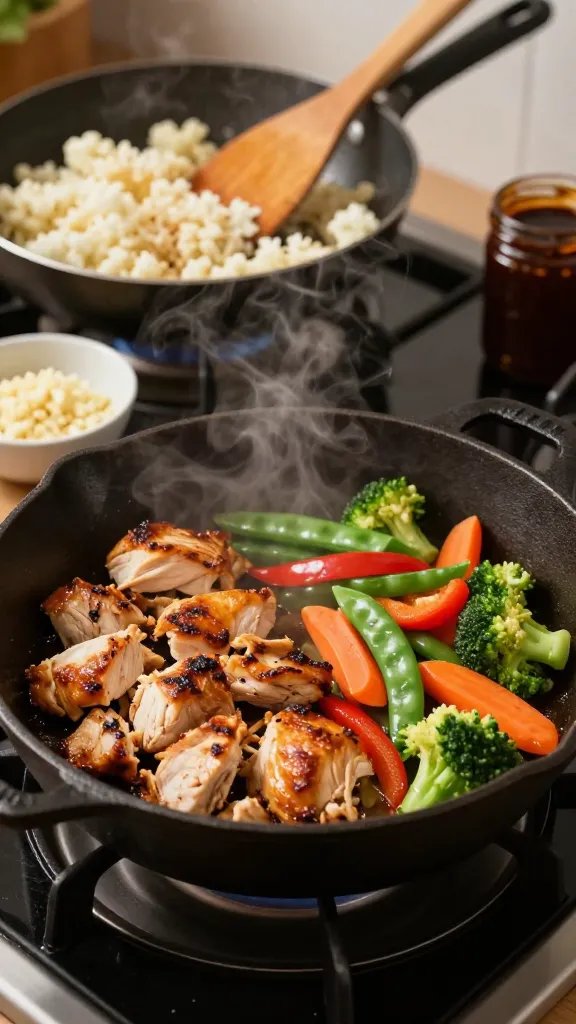 Action cooking scene in a cast-iron skillet on a stovetop: diced chicken searing to a deep golden crust on one side while crisp-tender veggies (red bell pepper, broccoli florets, snap peas, carrot slices) sizzle beside it, steam visible. In the background, a separate pan with cauliflower rice being fluffed with a wooden spatula. Small bowls of minced garlic, ginger, and a small jar of dark sauce nearby. Warm directional light, shallow depth of field, realistic styling, no text.