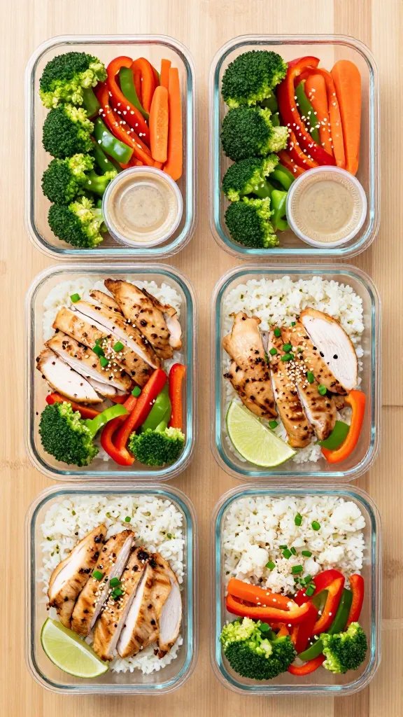 Meal-prep layout on a wood surface: four glass containers neatly filled with cauliflower rice on the bottom, topped with juicy sliced chicken and a colorful mix of bell pepper, broccoli, and carrots arranged in sections. Each container sprinkled with sesame seeds and scallions, lime wedges tucked in one corner, a small sealed cup of sauce included. Overhead composition, bright, clean, healthful aesthetic, natural light, no text.