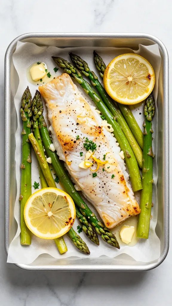 Overhead shot of a clean, modern sheet pan dinner just out of the oven: flaky white cod fillets nestled among bright green roasted asparagus spears, thin lemon slices caramelized at the edges, and visible bits of minced garlic and cracked black pepper on glistening, lightly browned cod. Small pats of melted butter pooled around the fish, a sprinkle of fresh parsley, and a zester with curls of lemon zest nearby. Neutral light, white parchment-lined pan on a light marble countertop; no text, no hands.